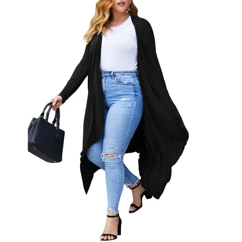 Women's Plus Size Long Sleeve Open Front Drape Lightweight Long Duster Cardigan (L-5XL)