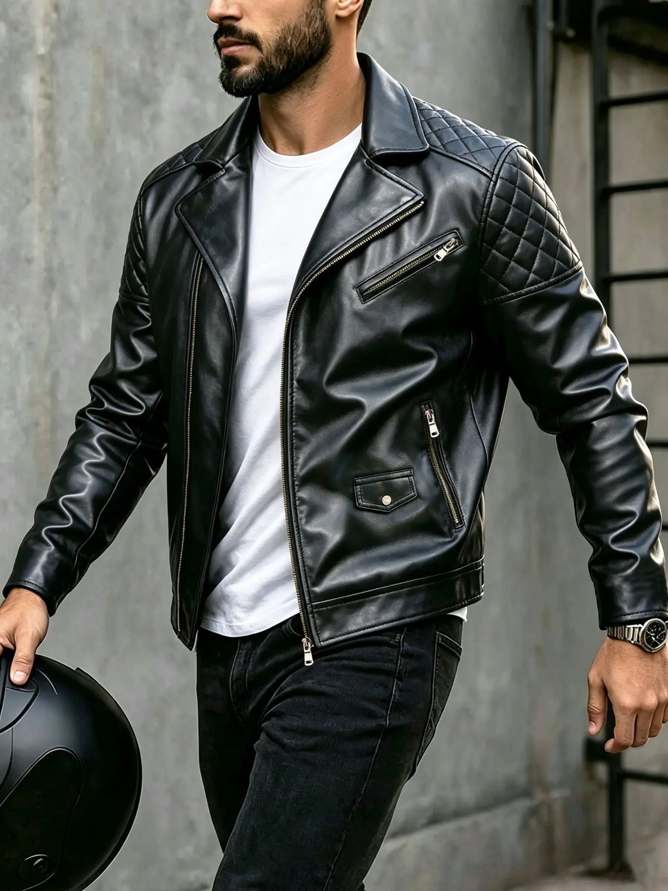 Autumn winter men's motorcycle leather jacket, Classic diagonal zipper leather jacket, lapel PU jacket, quilted patchwork leather jacket, cycling motorcycle suit, slim fit leather jacket, American street cool  trendy men's top, multi pocket Flight jacket