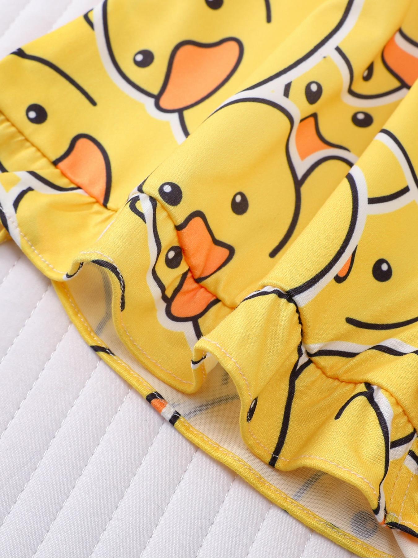 Girl's Cartoon Duck Print Top & Elastic Waist Shorts Pyjama Two-piece Set, Cute Comfy Short Sleeve Top & Shorts Pajamas Set, Kids Sleepwear for All Seasons, Pajama Set, Pajamas Loungewear