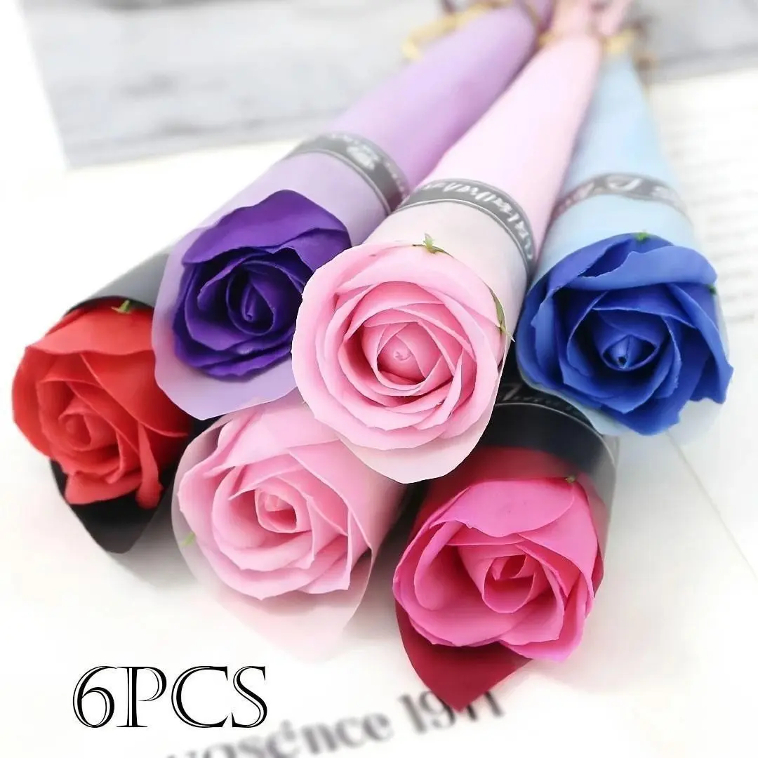 6 pieces of soap flower rose artificial flower bouquet, colorful rose wedding decoration flowers, Home Decoration Bouquets, graduation gift scrapbook, Valentine's Day gift, Teacher's Day gift, anniversary commemorative flower set
