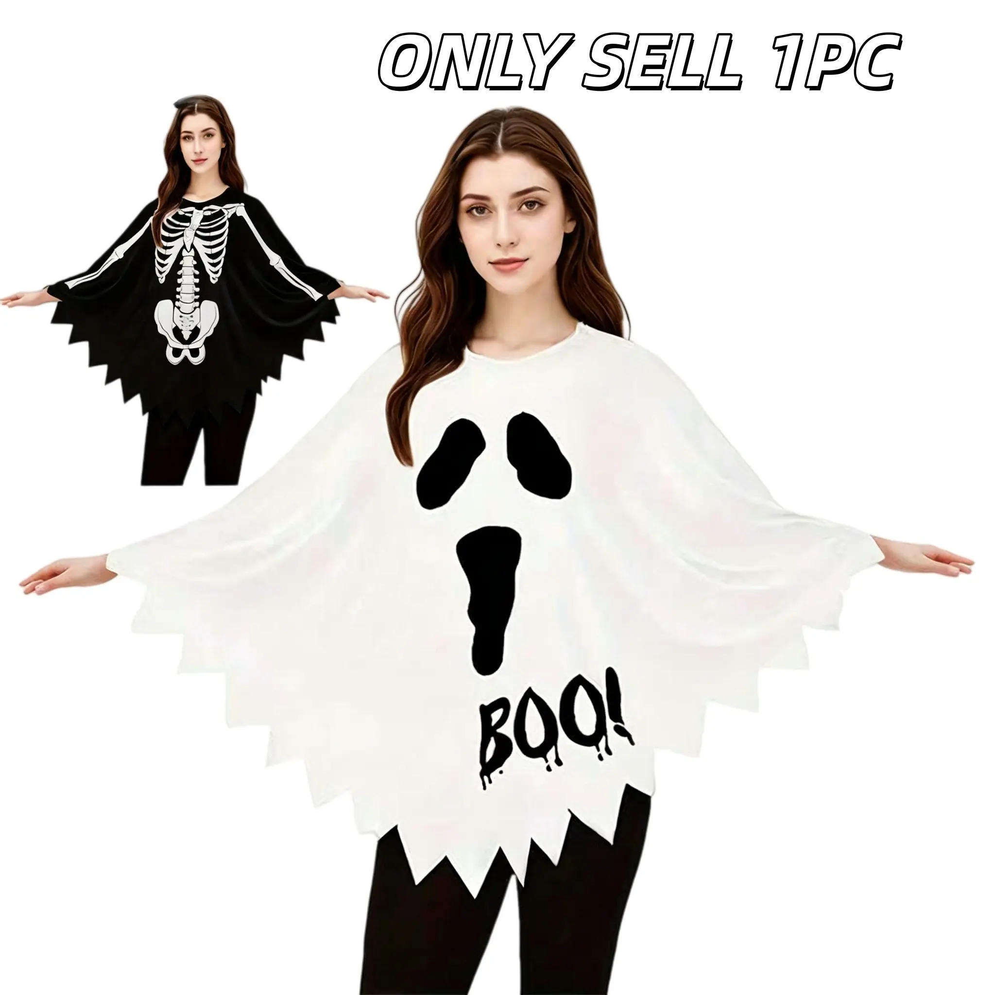 1 Set Halloween Ghost BOO Print & Skeleton Poncho Costume, Irregular Jagged Edge Cape Top, Funny Spooky Cosplay Outfit for Halloween Party