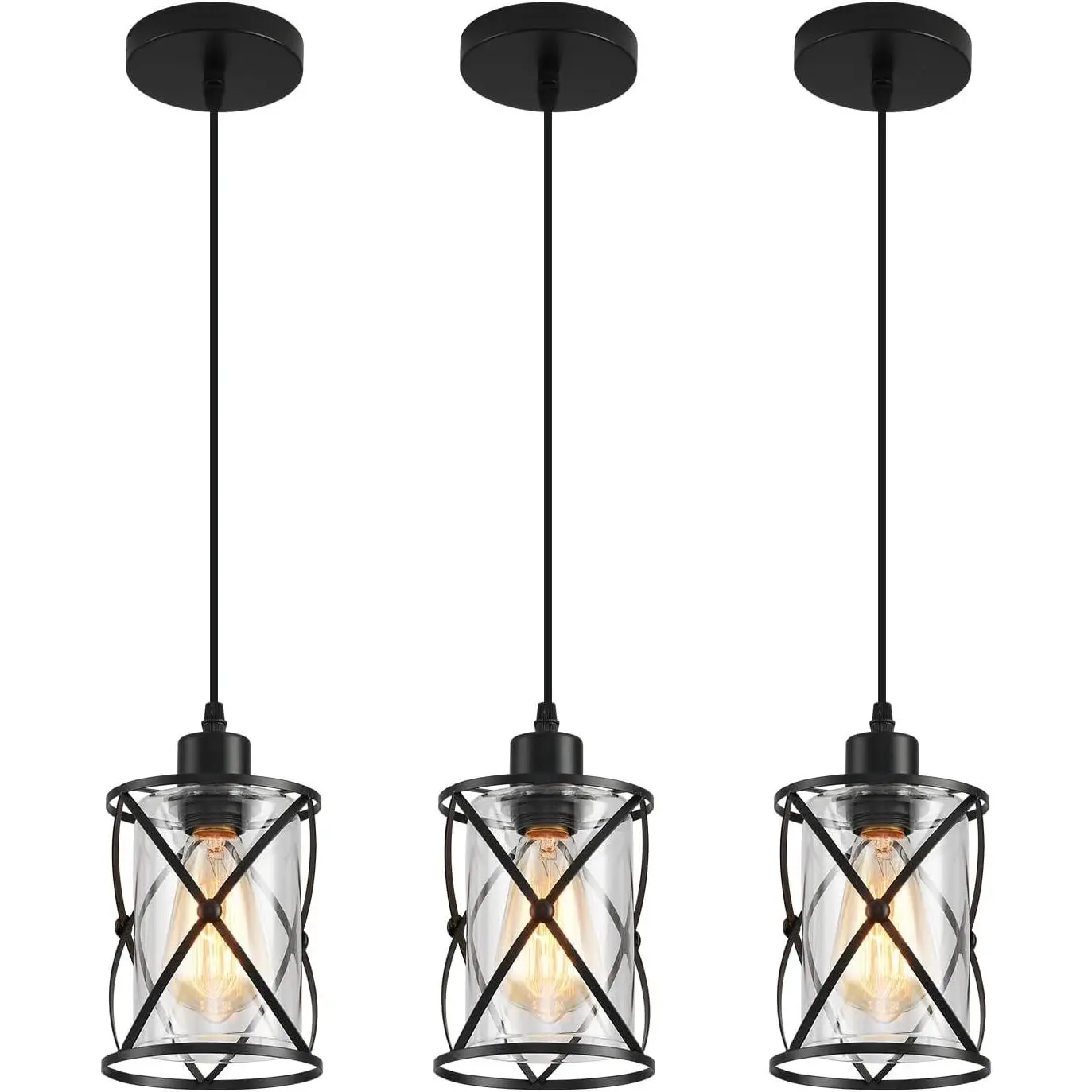 3 Lights Industrial Pendant Light with Glass Shade Matte Black Adjustable Retro Style Hanging Light for Kitchen Island Farmhouse