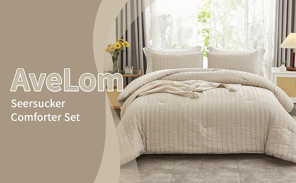 Beige Seersucker Queen Comforter Set (90x90 inches), 3 Pieces-100% Soft Washed Microfiber Lightweight Comforter with 2 Pillowcases, All Season Down Alternative Comforter Set for Bedding