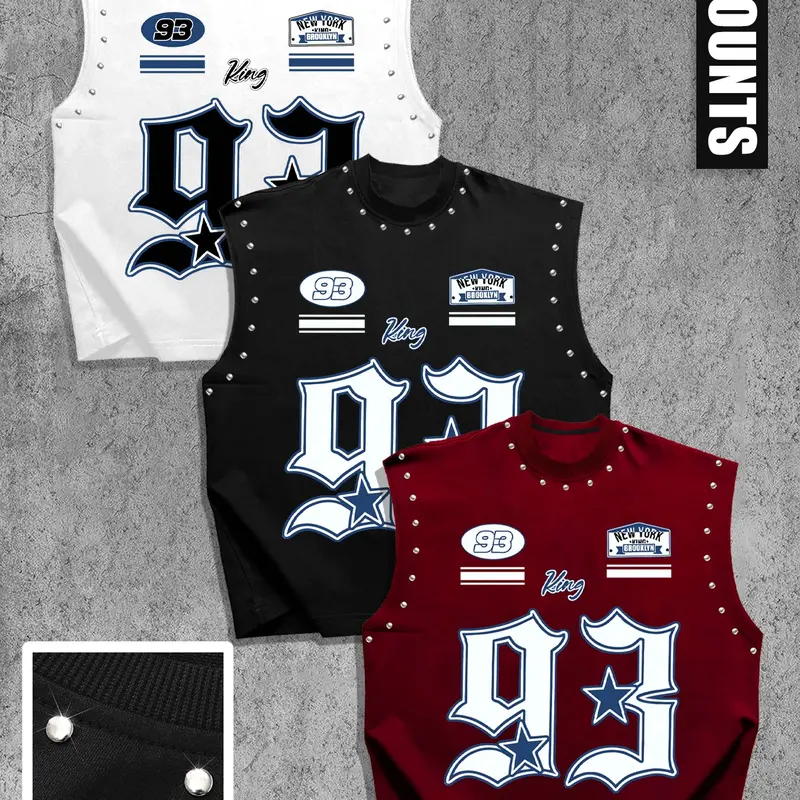 Men's Summer Casual Tank Top 3-Pack, Sleeveless Tops, Number 93 Print Sleeveless Shirt, Loose Fit Versatile Style, Eye-Catching Streetwear