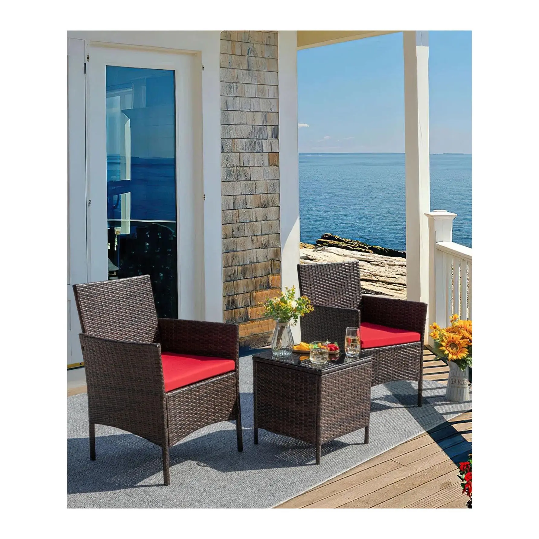 Furmax UV-Resistant Polyethylene (PE) Wicker 2-Person Outdoor Patio Set, 2 Chairs With Cushions for Poolside Use in Any Season