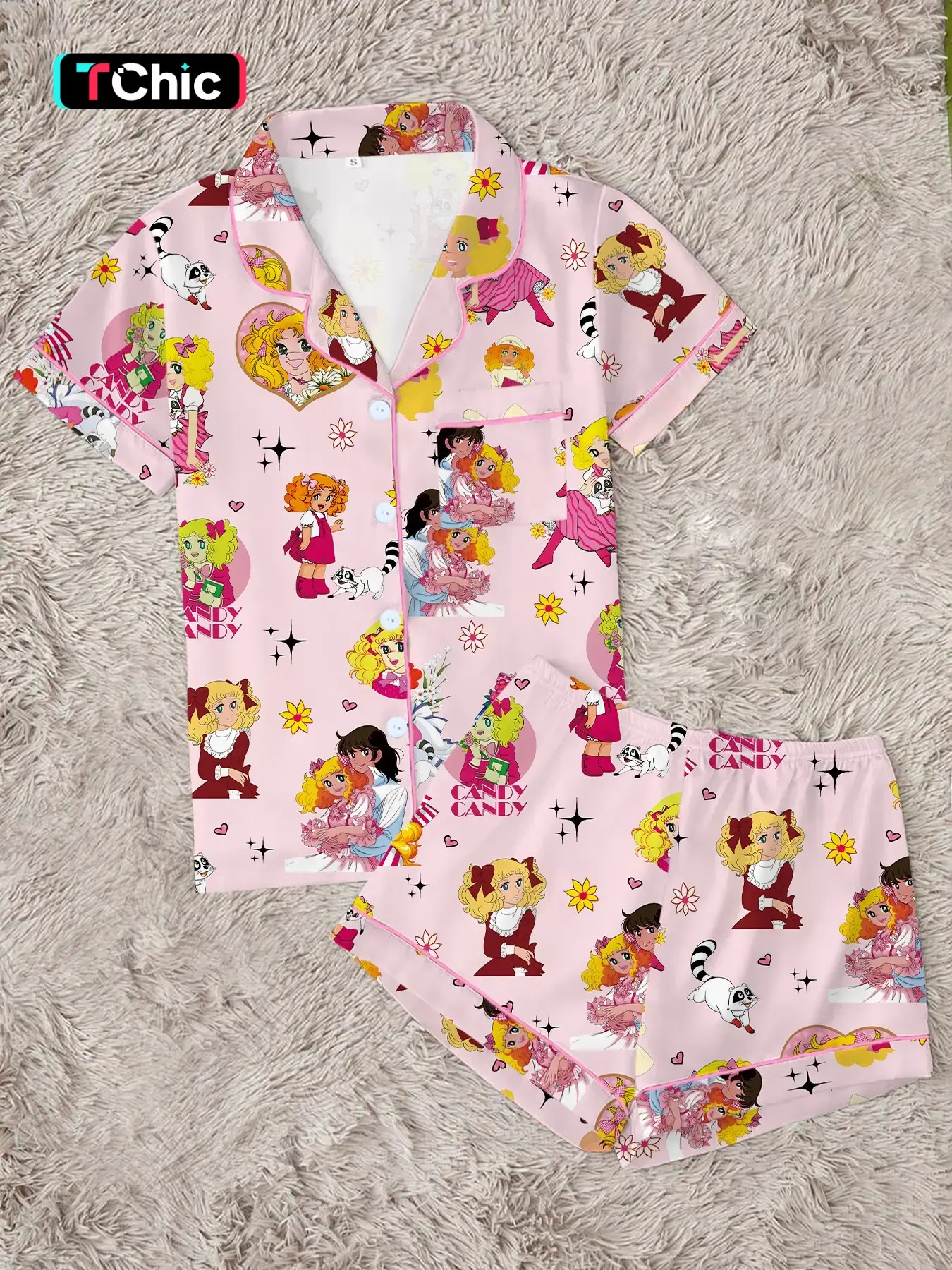 Women's Retro Cartoon Aesthetic Pajama Set, Classic Anime Girl Pattern Button Sleepwear, Soft 2-Piece Short Sleeve Summer Home Wear