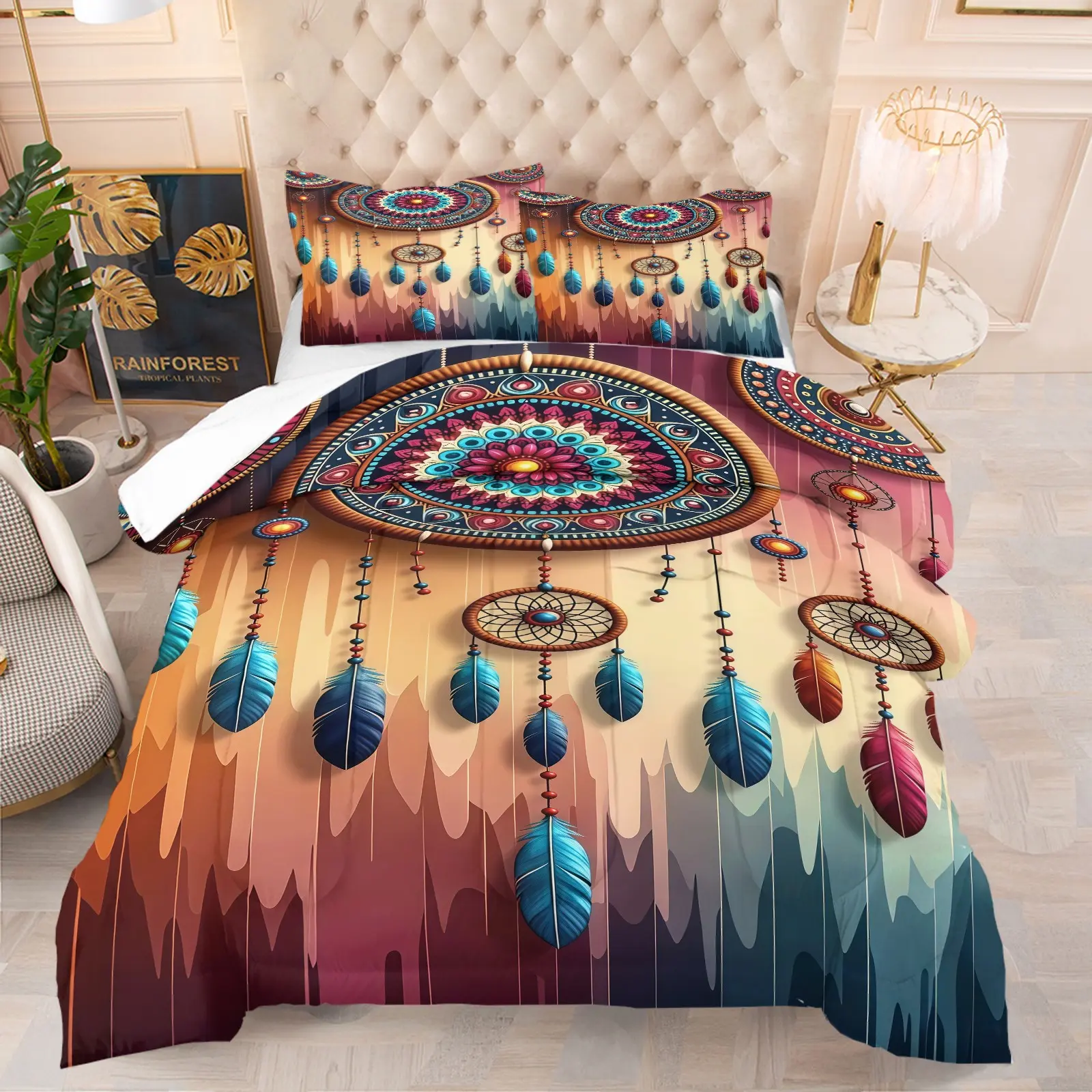Dream catcher irregular print pattern set, including 1 blanket and 1 or 2 pillowcases without pillowcases, soft children's or adult bedroom decoration gift