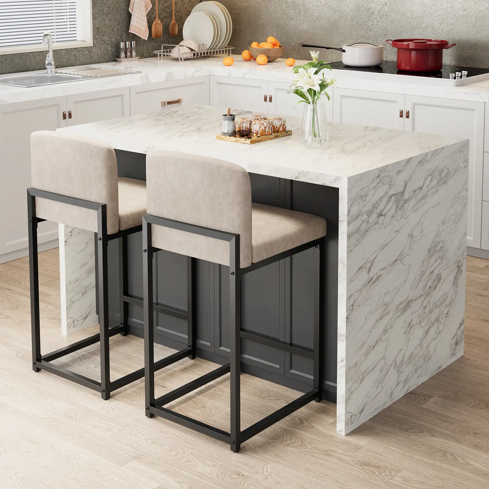 Modern Bar Stools Set of 2 - 25'' Counter Height Chairs with Upholstered Backrest & Footrest - Faux Leather, Sturdy Metal Legs - Perfect for Kitchen Island, Dining Room, or Home Bar, Beige/White/Grey/Black/Brown