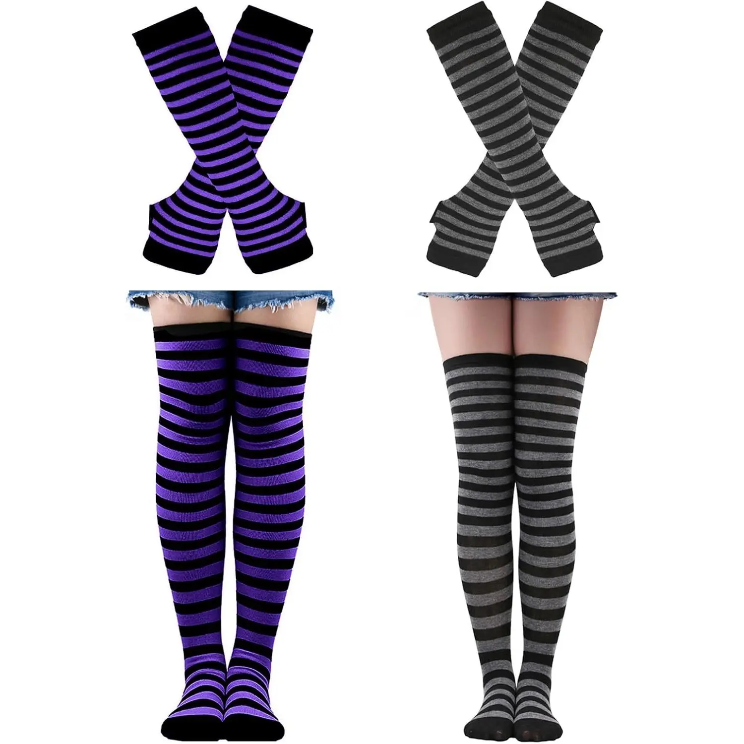 2Sets Red and Black Striped Arm  Warmers  High Tights Socks Fingerless Sleeves Set Scene Clothes Costume