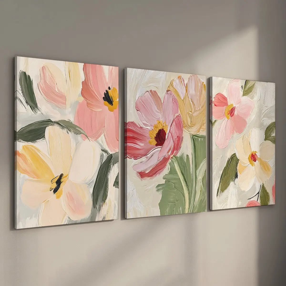 3pcs Set Bohemian Pastel Wildflower Canvas Wall Art, Stretched Framed Ready to Hang Prints, Neutral-Toned Abstract Floral Painting, Vintage Country-Style Artwork for Home, Floral Aesthetic Pattern (Wood Frame Included)