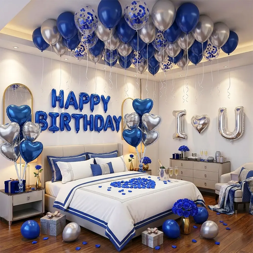 Romantic Birthday Decorations for Him I LOVE YOU & HAPPY BIRTHDAY Foil Balloons, Metallic Balloons & Rose Petals,Blue Silver Special Night Decorations, Husband Anniversary Surprise,Bedroom,Men Boyfriend Hotel Decor Party Balloons Decorations