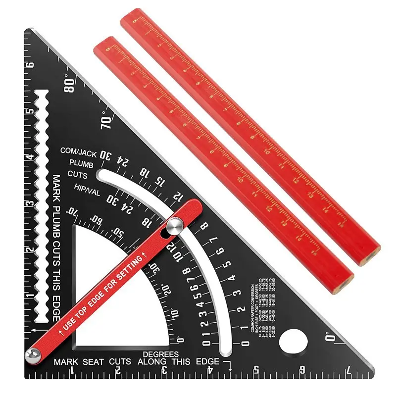 7-Inch Aluminum Alloy Adjustable Angle Carpenter Square - Rafter Triangle Ruler with 2 Pencils, Accurate Scale Calipers, Inches-Metric Layout Tool for Professional Carpentry & Furniture, Easy-to-Use Hardware Woodworking Measuring Tool