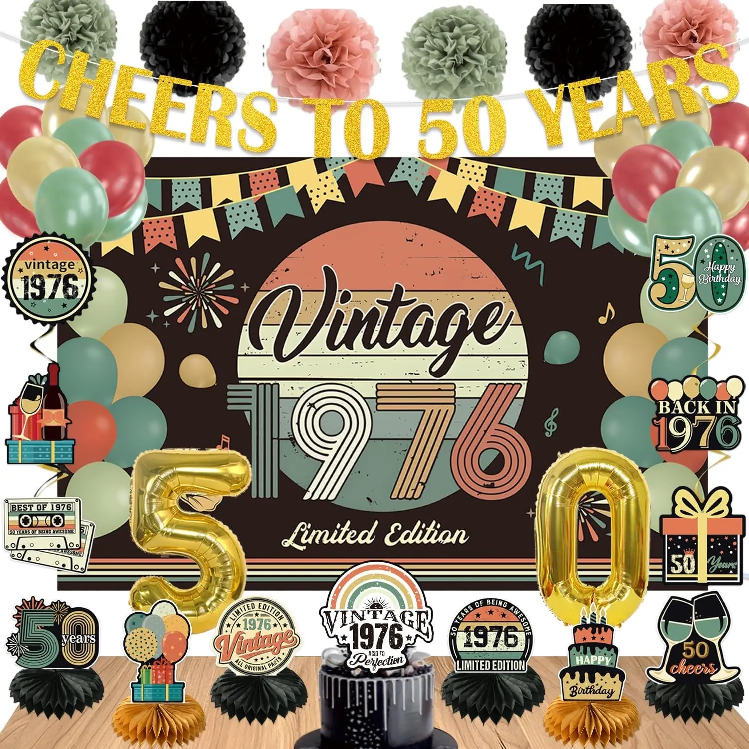 47Pcs 50th Birthday Decorations for Men & Women, Back in 1976 Vintage Party Set - Pre-Assembled Oversized Backdrop, Banner, 6 Hanging Swirls, Cake Topper, 18 Balloons, 6 Centerpieces, 6 PompomsGift