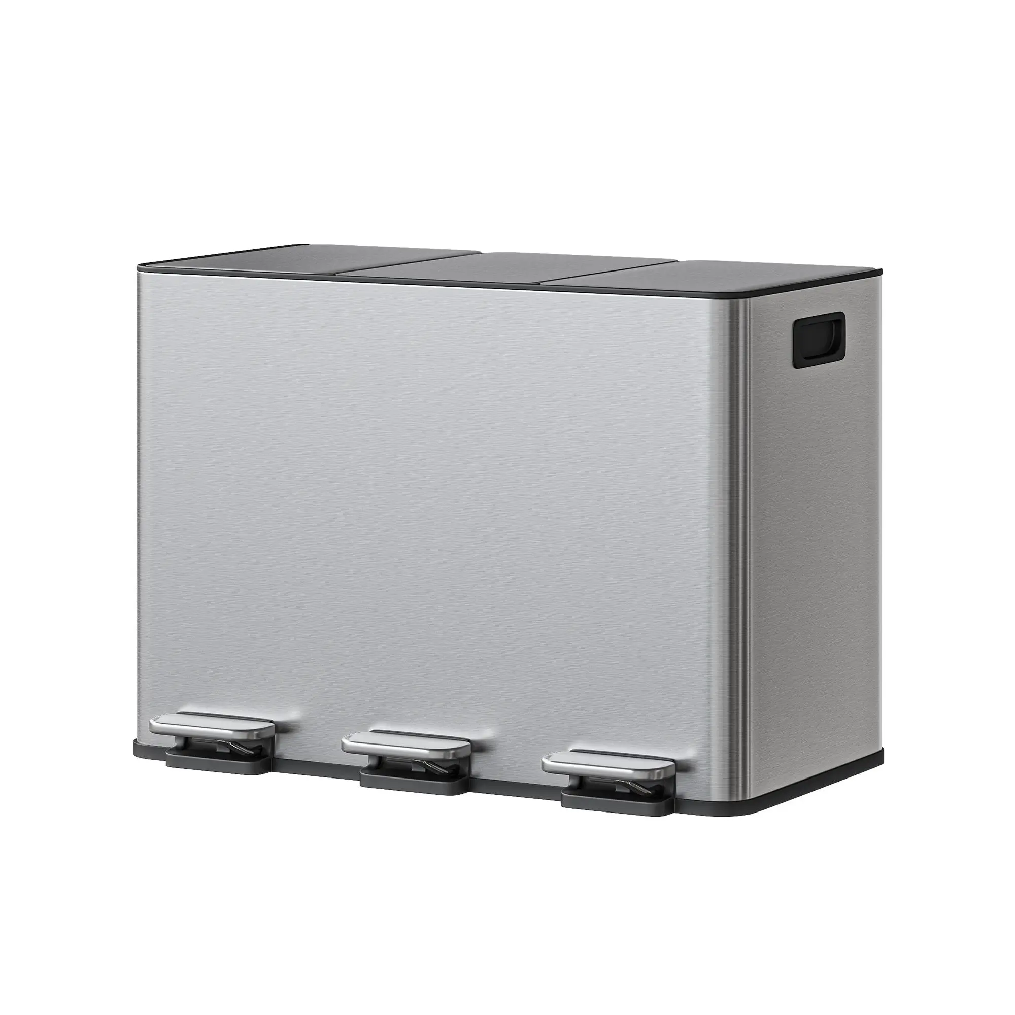 Triple Compartment Kitchen Pedal Bin 45L – Stainless Steel, 3 x 15L Removable Buckets, Soft-Close Lids, Odor Control, Hands-Free Waste and Recycling