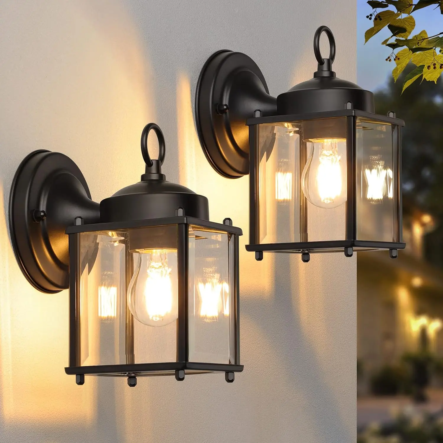 2-Pack Large Automatic Outdoor Waterproof Wall Lanterns - Black Exterior Wall Sconce Light Fixtures with Clear Beveled Glass Shade for Front Door, Festive Wooden-Yarn Red Halloween Pumpkin Candy Bucket Home Party Gifts