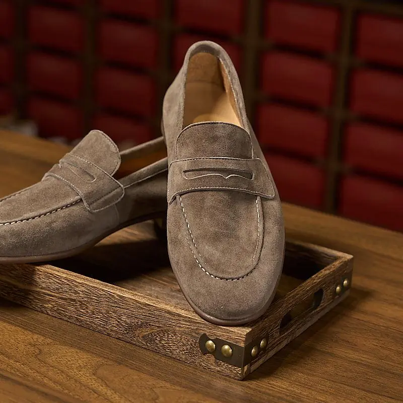 Spring new apricot cashmere one-pedal leather shoes men's light and breathable leather anti-velvet soft-soled loafers