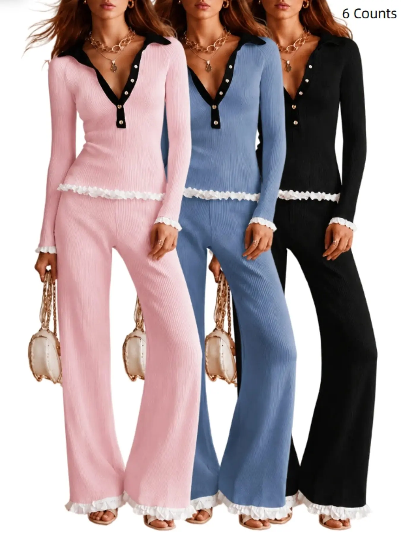 Women's 2/6 Piece Slim Fit Ribbed Knit Top & High Waist Flare Pants, Color Block Lapel Button, Long Sleeve Ruffle Hem, Elegant Casual Set