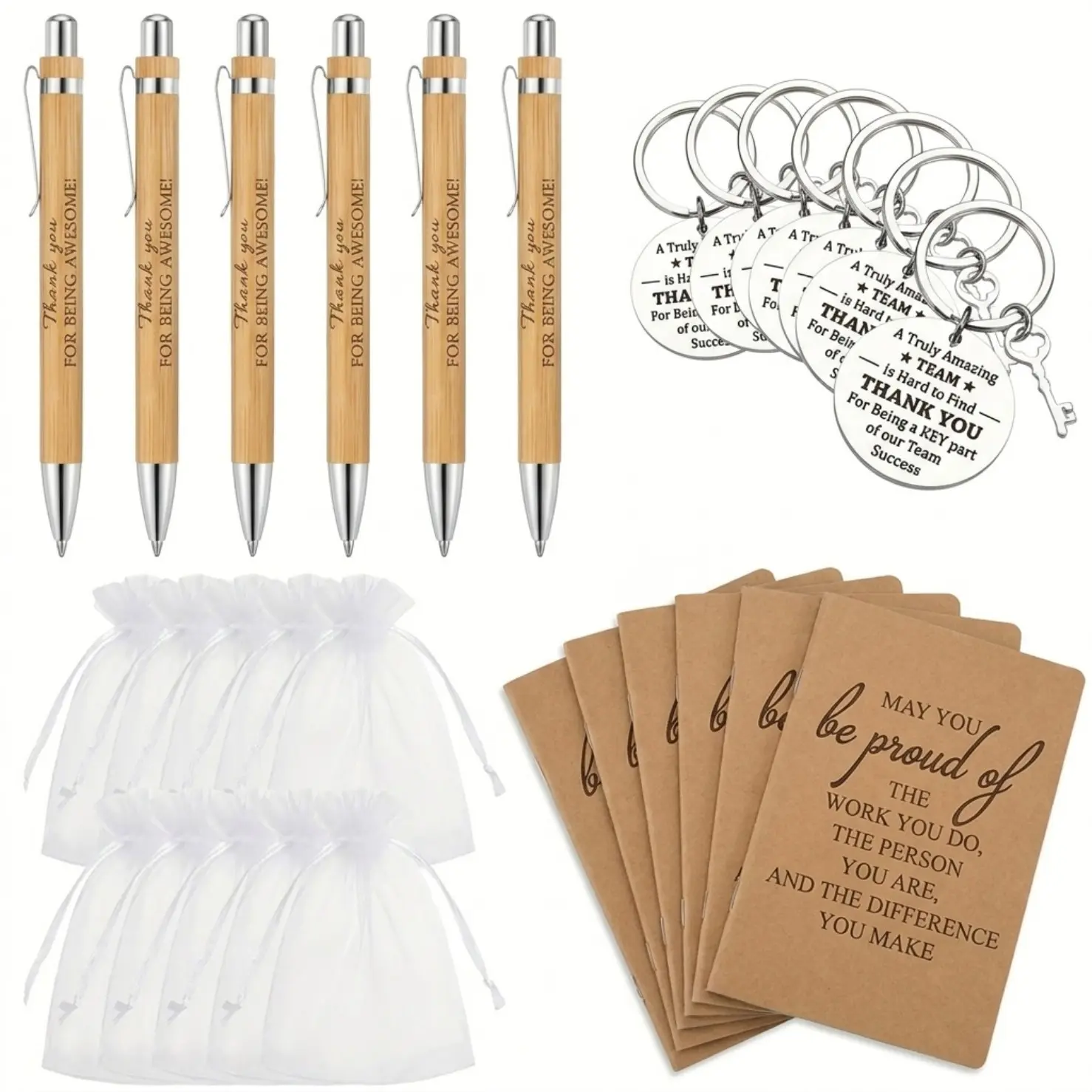24pcs Inspirational and Positive Gift Set, Party Favors with Motivational and Gratitude Messages, Keychains and Bamboo Retractable Pens - Suitable for Employees, Volunteers - Thanksgiving and Christmas Paper Thank You Bundle, Quantity
