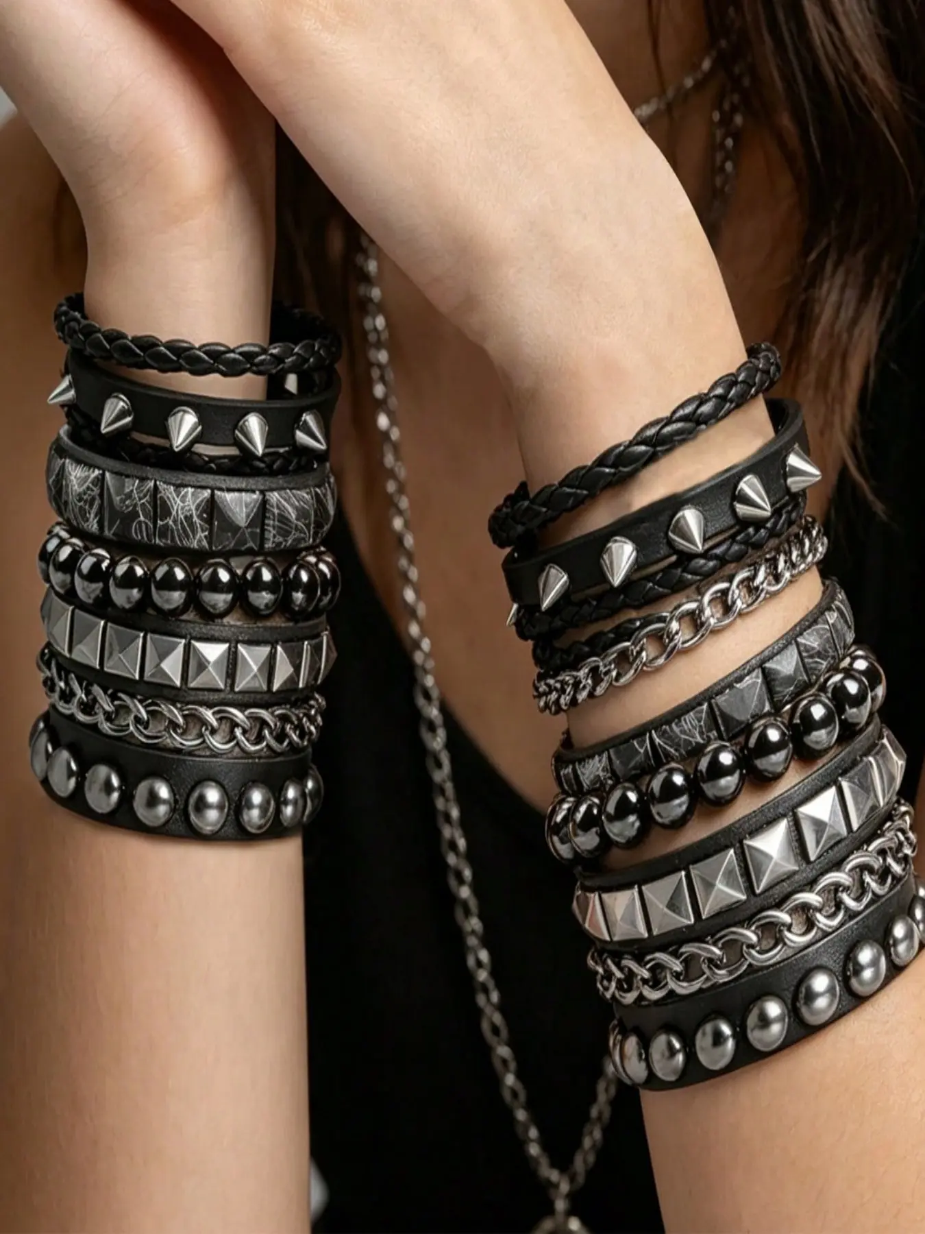 Stackable Punk Leather Bracelet Set, Adjustable Strap Bracelets, Mixed Design with Braided Strap, Cone Spikes, Round Beads, Metal Chains & Dome Rivets, Adjustable Gothic Biker Wristbands, Unisex Y2K Jewelry Set for Halloween, Rock Concert, Fest