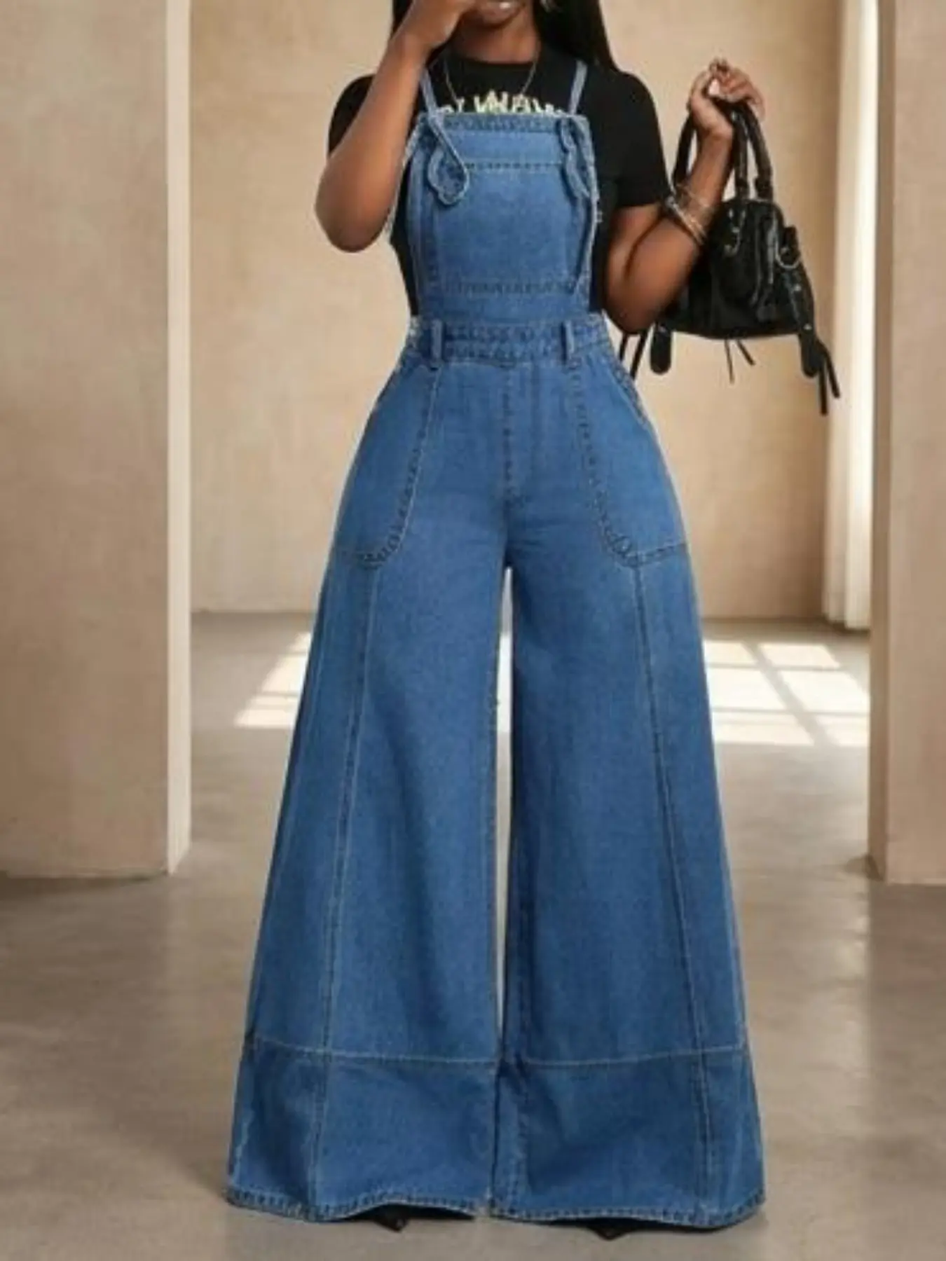 Women's High-Waisted Belted Wide Leg Pants, Adjustable Shoulder Straps, Comfortable Fit, Perfect for Daily Wear & Casual
