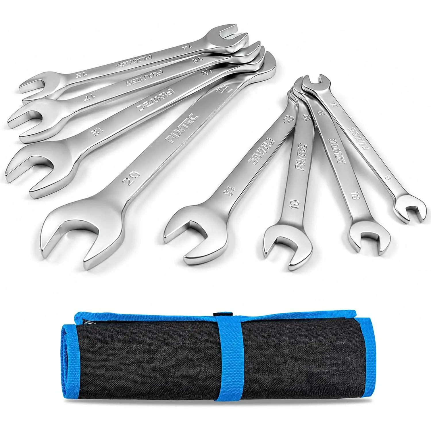 CR-V Steel Metric Double Open-End Wrench Set, 8-Piece 6x7mm–20x22mm Spanners with Rolling Pouch for Automotive Repair and Tight Spaces