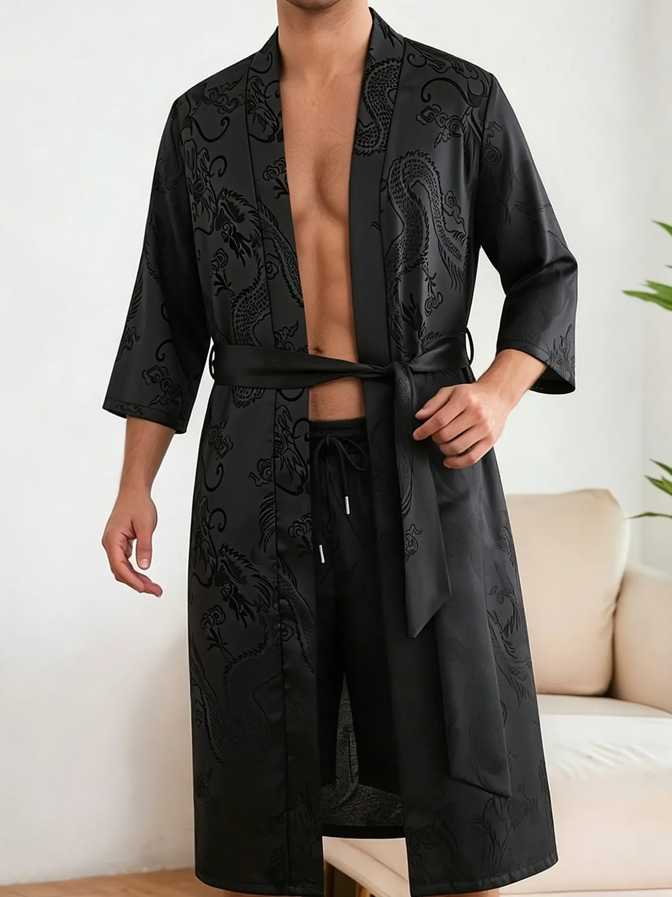 Men's Black Dark Dragon Pattern Satin Kimono Two-Piece Set, Seven-Foot Sleeve Wrap-Up Tie-Up Bathrobe, Elastic Drawstring Casual Shorts Set, Silky Home Comfort Wear, Beach Resort Travel Outfit for Daily Shopping and Outdoor Wear