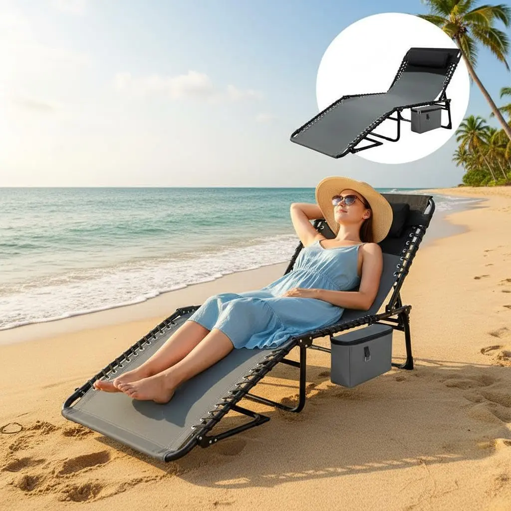 Folding Outdoor Chaise Lounge Chair with 5-Position Adjustable Backrest, Removable Pillow, Side Pocket and Carry Handle – Portable Sun Tanning Chair for Beach, Garden, and Pool
