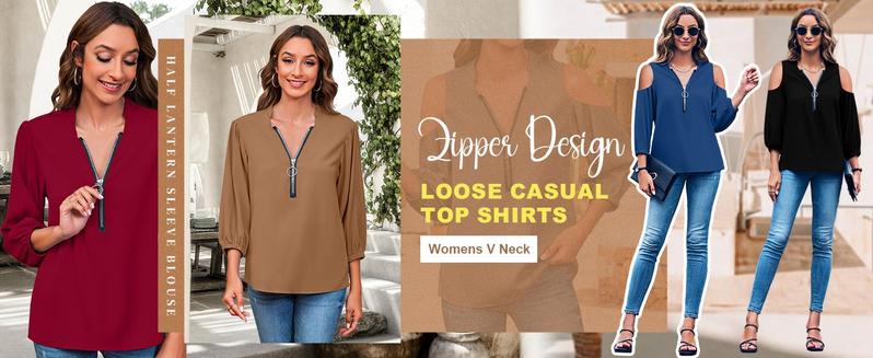 Womens V-Neck Lantern Sleeve Blouse Zipper Design Loose Casual Top Shirts