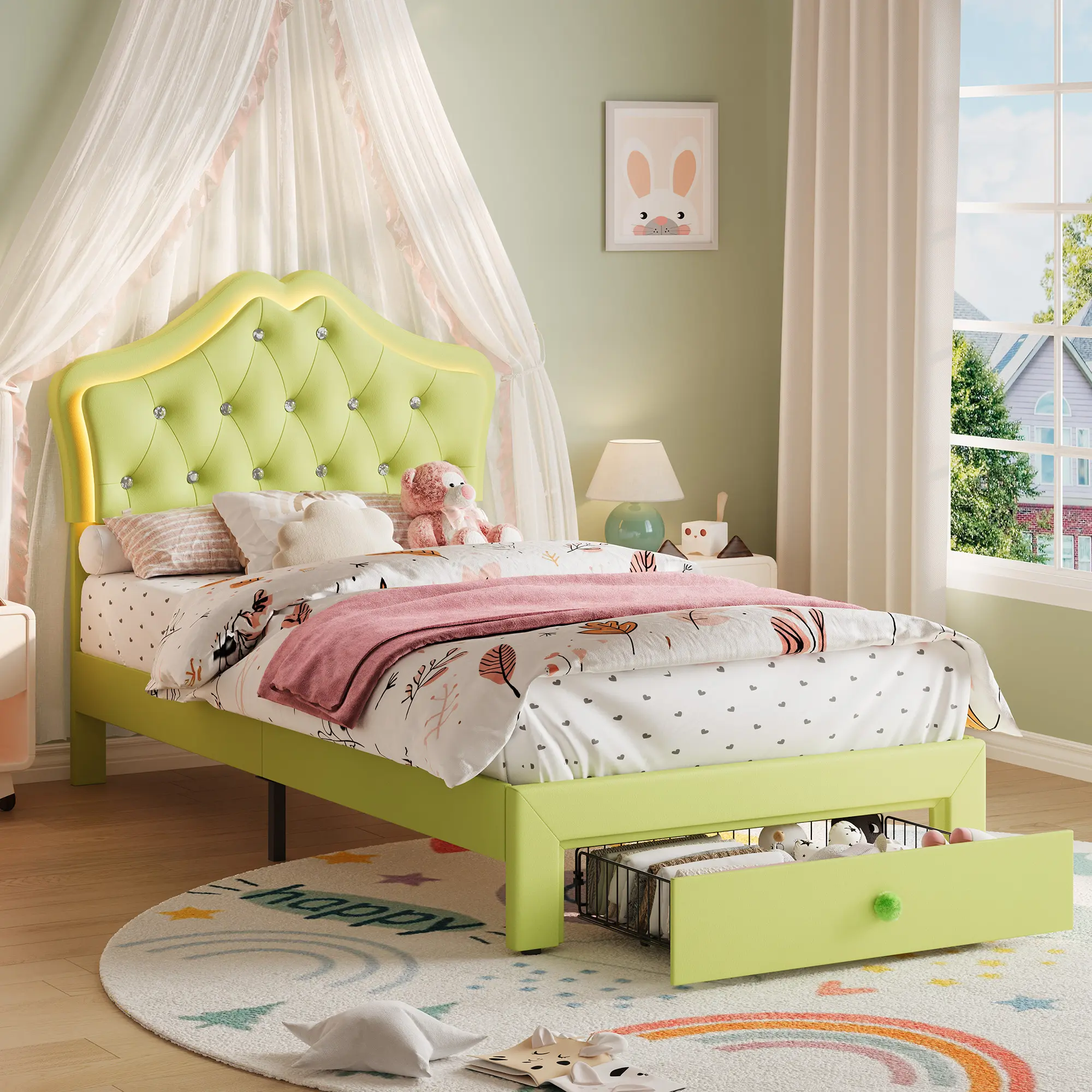LED Crystal Button Tufted Headboard Platform Bed Frame - Upholstered Faux Leather - Storage Drawer - Noise-Free Slats - Easy Assembly - Twin Size for Kids and Teens Bedroom - Beige, Pink, Orange