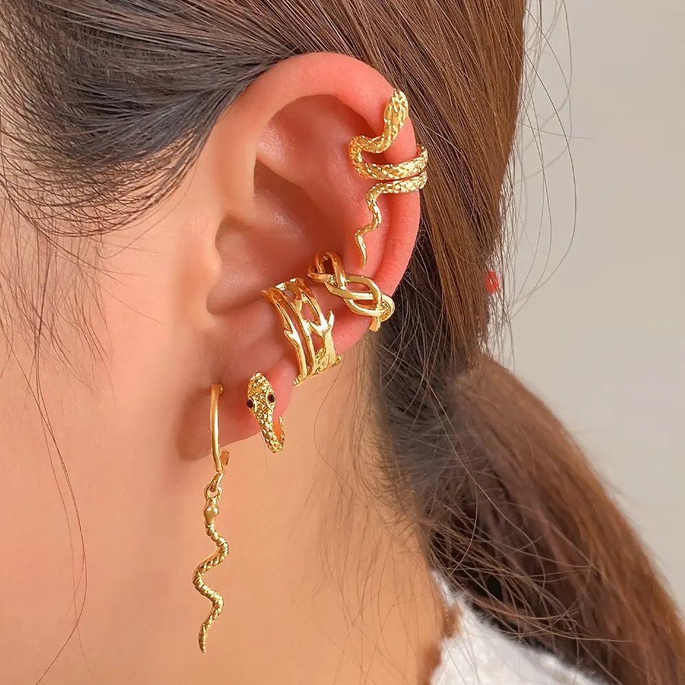 5Pcs Nylon Trendy Gold-Plated Snake Hoop Earrings Pack - Medusa Head Huggie Hoops, Braided Wire Conch Cuff, Halloween Costume Streetwear Jewelry Gift for Female