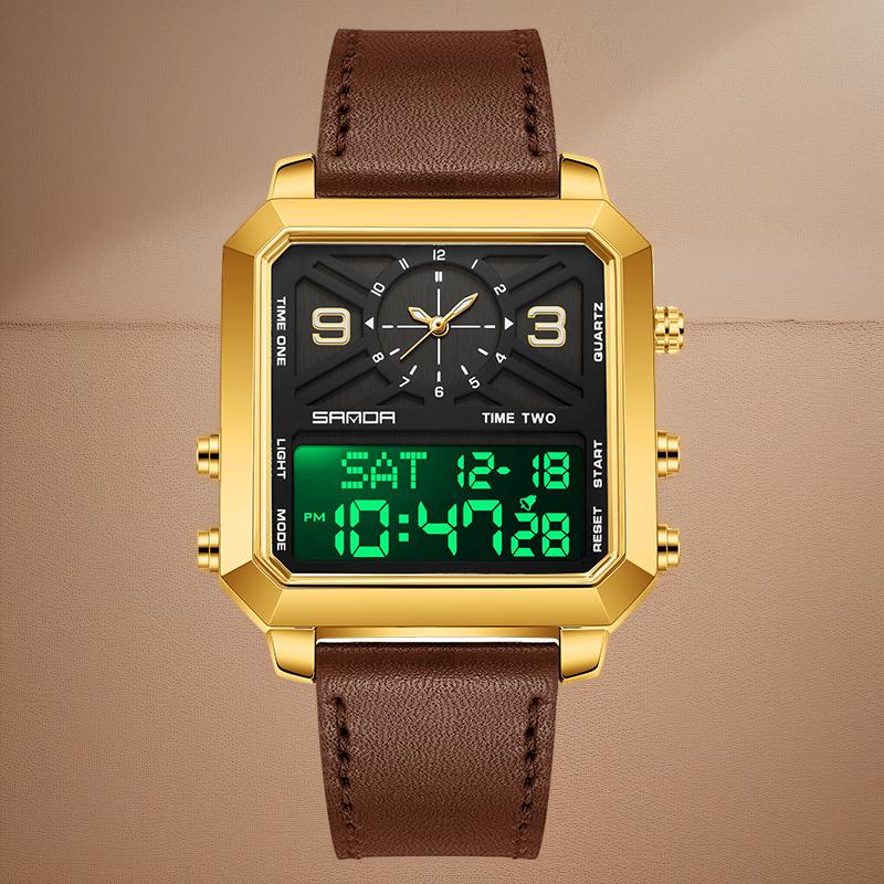 Men's square multifunctional dual screen watch with 3 time zones, stopwatch, alarm clock, countdown and other functions, 30MW waterproof and night light, multiple styles suitable for sports, business and daily wear