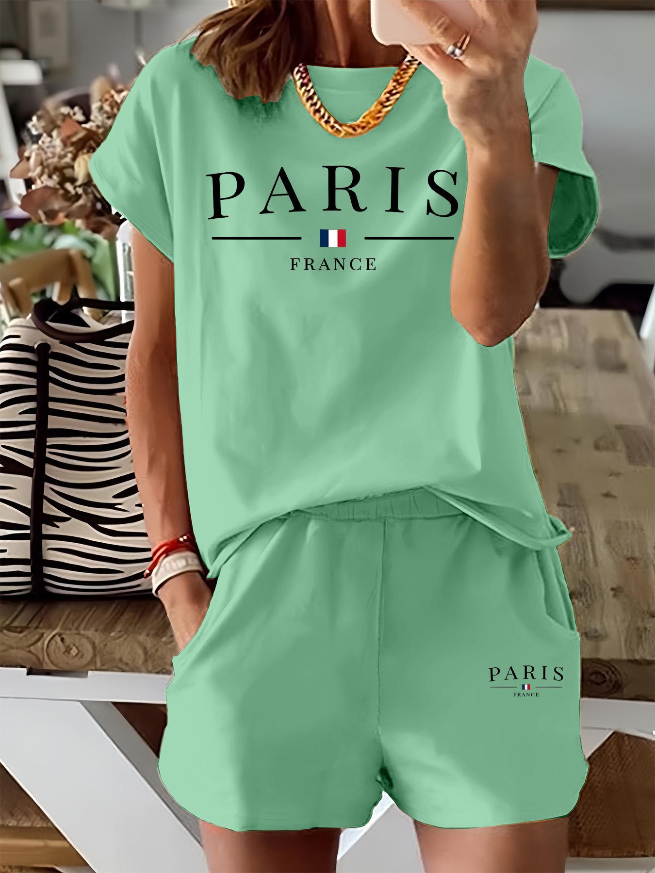 Women's Letter & Flag Print Two-piece Set, Casual Matching Set, Short Sleeve Tee & Elastic Waist Shorts Set, Casual Round Neck T-shirt & Pocket Shorts for Summer, Ladies Clothes for Daily Wear