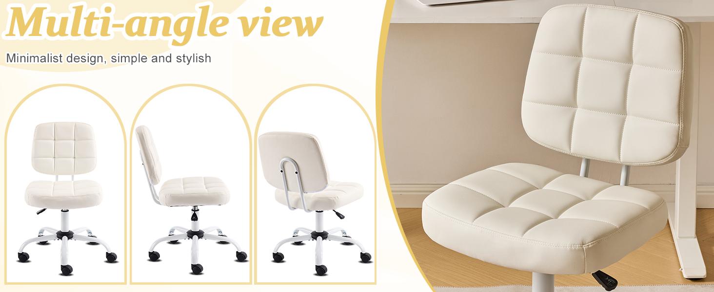 VINGLI Compact Small Desk Chair, Cute Armless Chair with Wheels, Vanity Chair with Low Back, Height Adjustable Task Chair for Small Spaces, Office, Bedroom, Make Up Room, PU Leather, White