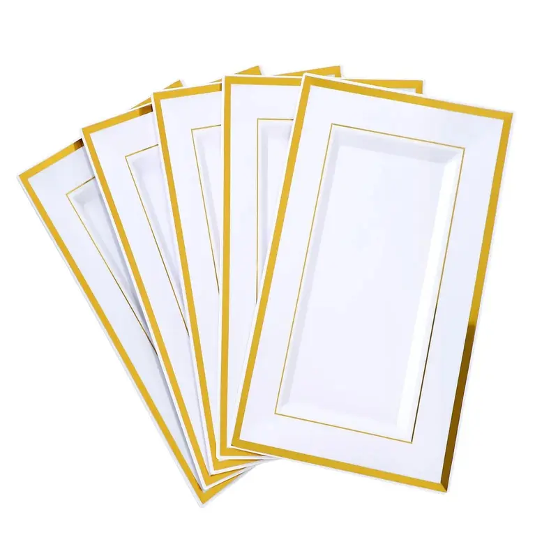 Summer Wins 12Pcs 14''x9''Plastic Serving Tray with Gold Rim Rectangle Dessert Tray Disposable Cookie Cupcake Platters for Birthday Party Wedding