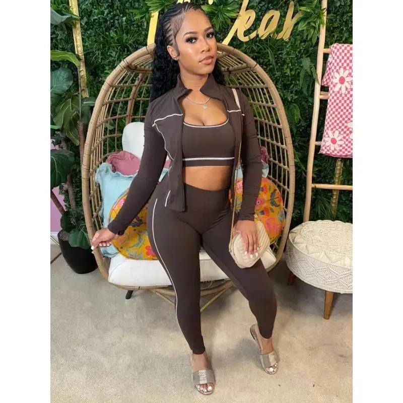 sweatpants outfit gym fits  Casual 3 Piece Set Women Tracksuit Elastic Vest+Zip Jacket+Leggings Matching Street Sporty Fitness Street Shapewear
