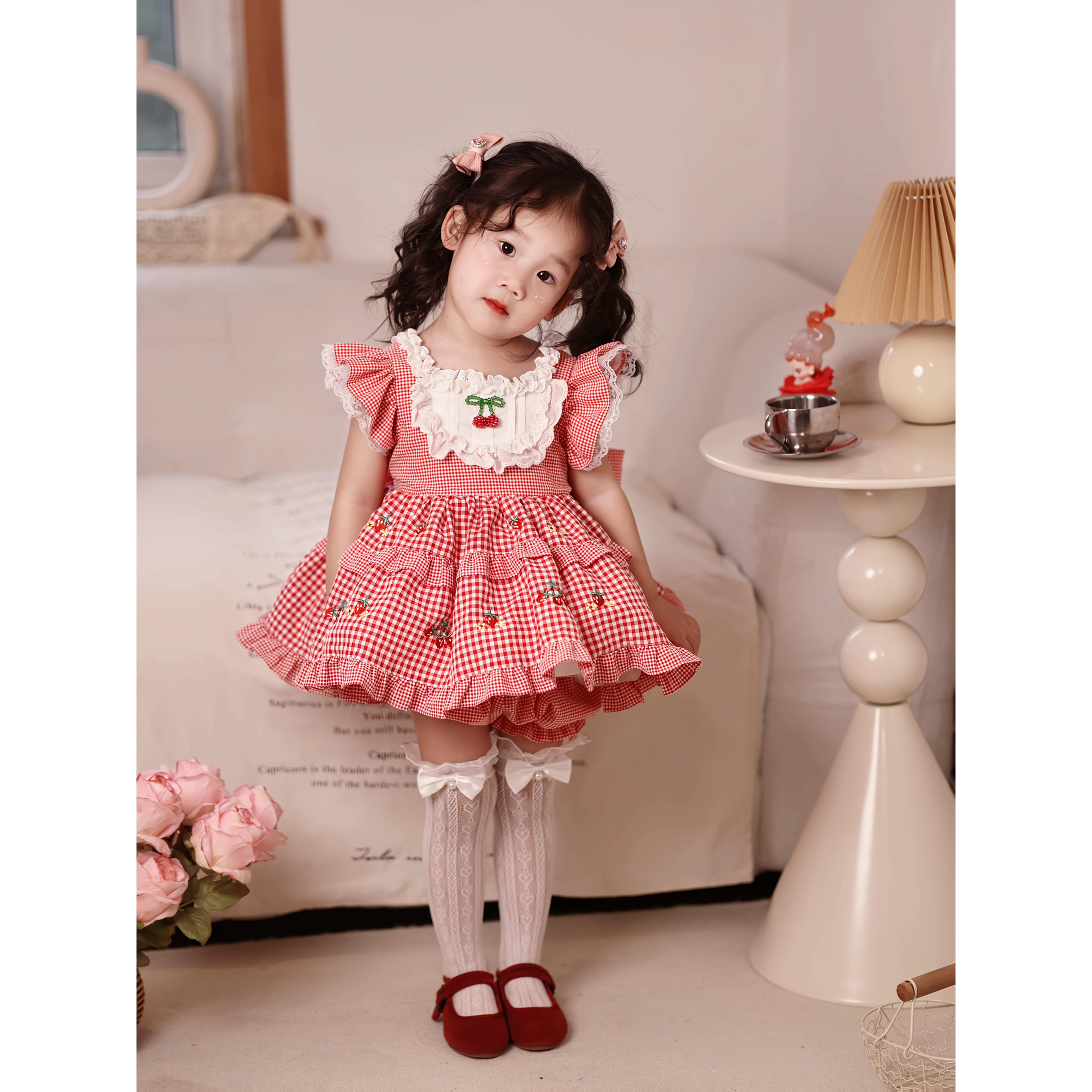 Girls' Retro Cherry Print Short Dresses - Loose-Fit Summer Party Ready Dress with Bow Waist Accessory, Elastic Sock-Style Leg Warmers, Non-Stretch Fabric, Easy Care for Theme Parties & Daily Play (No Petticoat Needed)