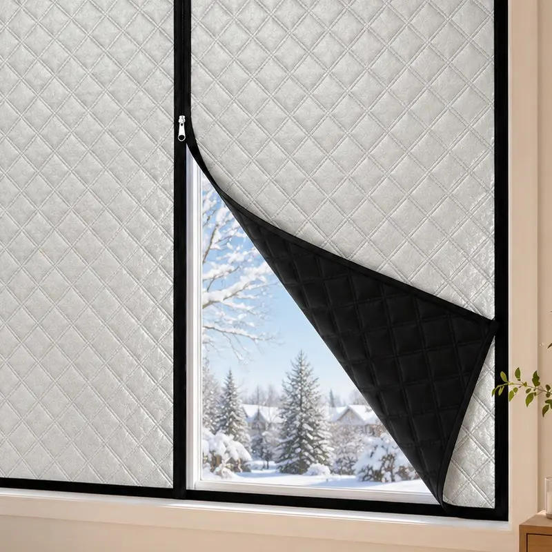 Thick Thermal Window Cover for Winter, Self-Adhesive No-Drill Insulated Curtain with Zipper Opening, Silver Quilted Layer and Black Lining for Bedroom & Living Room