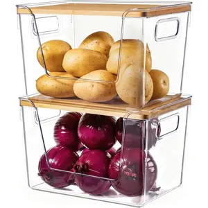 2 Set Pantry Organizers and Storage with Bamboo Lids, Stackable Clear Bins for Onion, Potato, Fruit, Vegetables, Trash Bag Dispenser, Kitchen and Under Sink Organizer