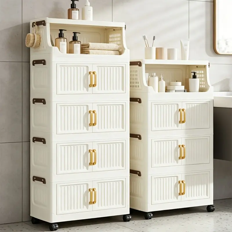 2/3/4/5-Tier White Plastic Bathroom Storage Cabinet with Wheels, Narrow Rolling Bathroom Organizer with Doors, Large Capacity Toilet Paper Storage Cart for Small Bathroom, Toilet And Bedroom