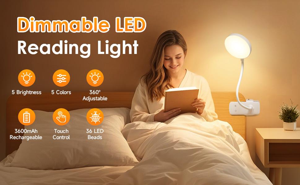 3600mAh Battery Operated Light,5 Brightness+5 Color Clip on Reading Lamp,400LM 36 LED Desk Lamp with Clamp,Rechargeable Lamps Cordless Lamps, Reading Lights for Books in Bed,Table