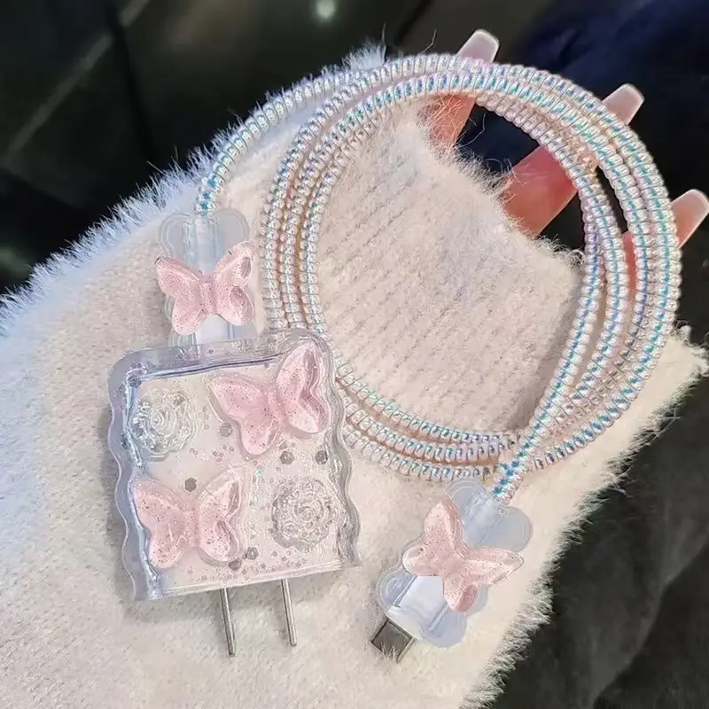 Shimmer Butterfly Rose Charger Case, Transparent Resin Wave Border, Full Data Cable Protection, Apple 18/20w, Anti-Drop Scratch, Fairy Style