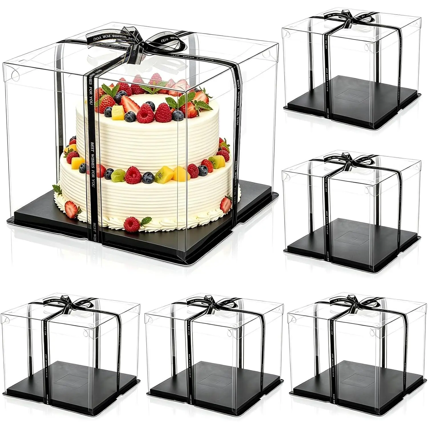 6 Pack Large Clear Cake Box with Ribbon, Tall Cake Box Carrier 12x12x10 Inch, Tiered Transparent Cake Packaging Boxes with Lid and Board,  Clear  Containers for Birthday Wedding Party