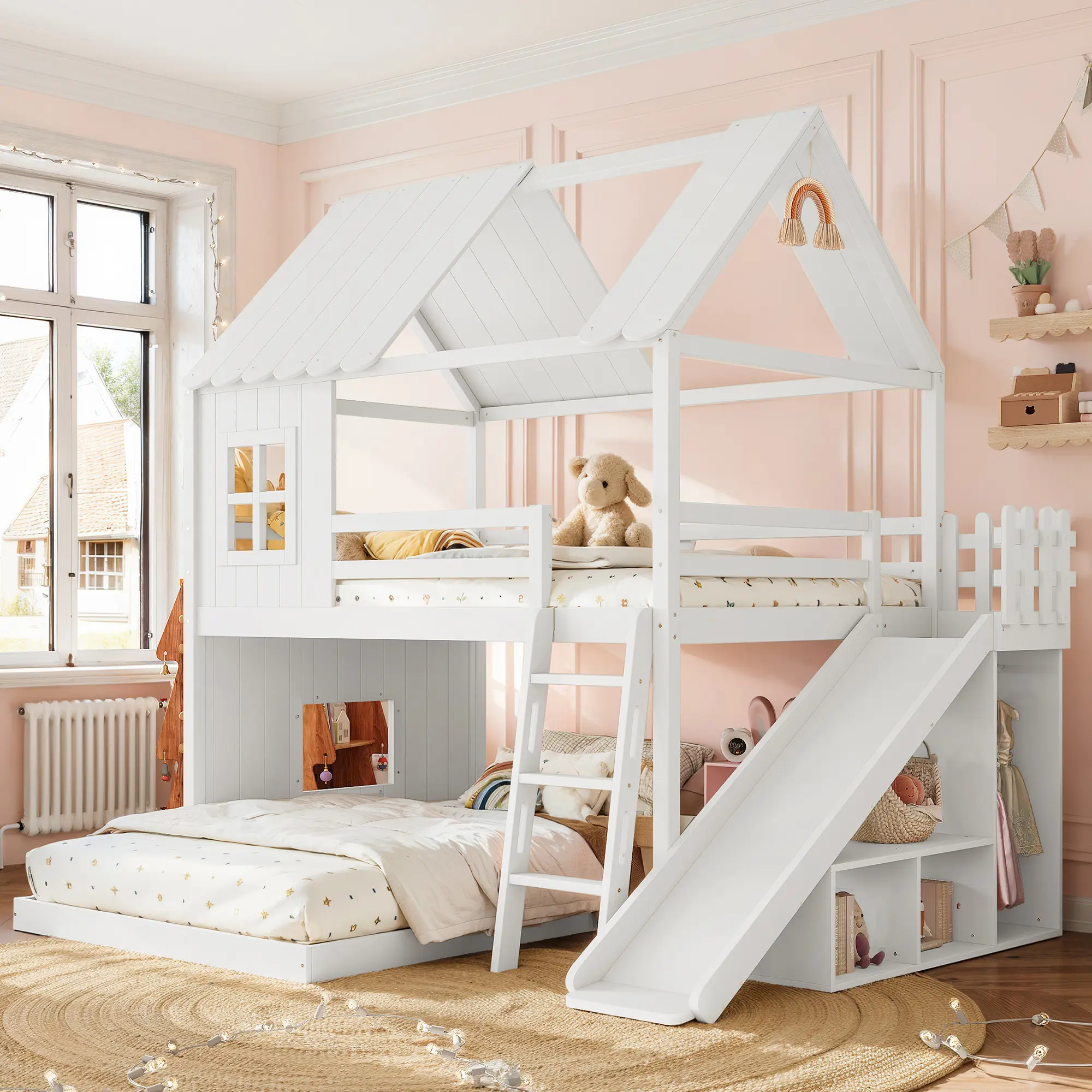 ARCH Full over Full House Bunk Bed with Slide and Ladder, Playhouse Design Bunk Bed Frame with Storage Shelves and Wardrobe, White MDF Pine Plywood Wooden Kids Bedroom Furniture, No Box Spring Needed, Full Size Options, White Color Options