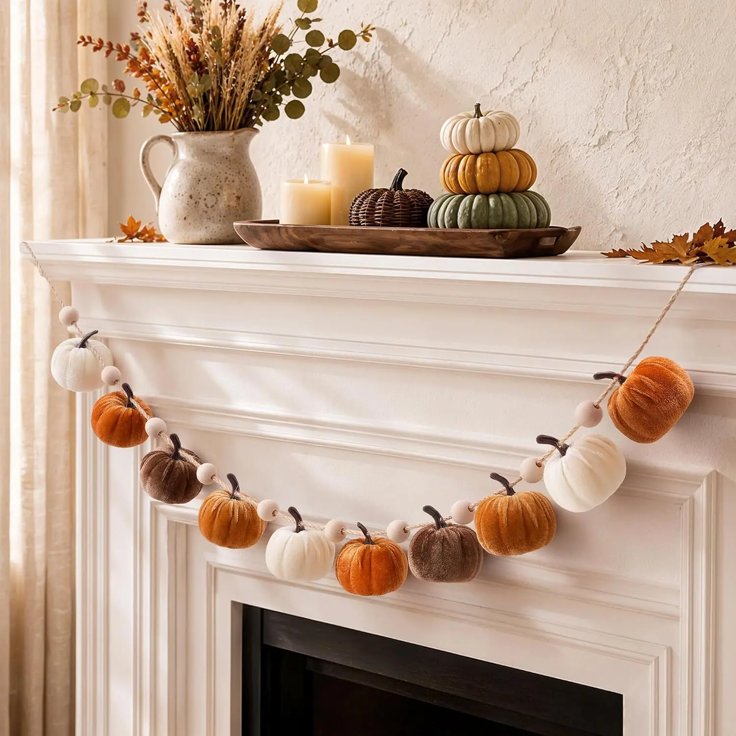 Fall Pumpkin Garland with Velvet Farmhouse Wreath Elements - Pre-Assembled Faux Harvest Pumpkins, Wooden Beads Banner, 2.56" Diameter, 79in Length for Mantle Thanksgiving Home Decoration Gift, Hanging Garland
