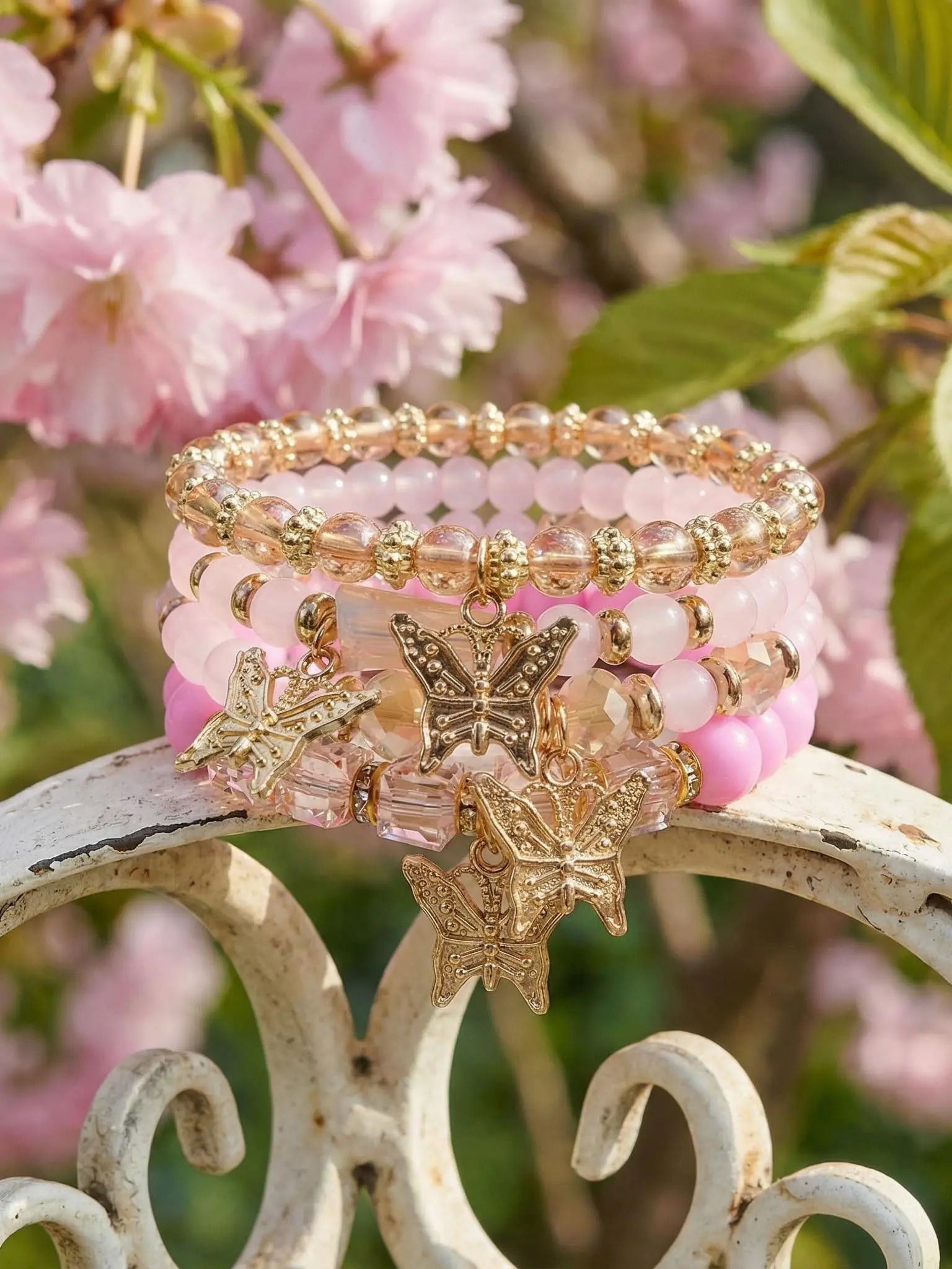 Bohemian Bracelet Sets for Women, 4-Pack Stackable Stretch Bead Bracelets, & Crystal, Boho Jewelry, Gift for Women