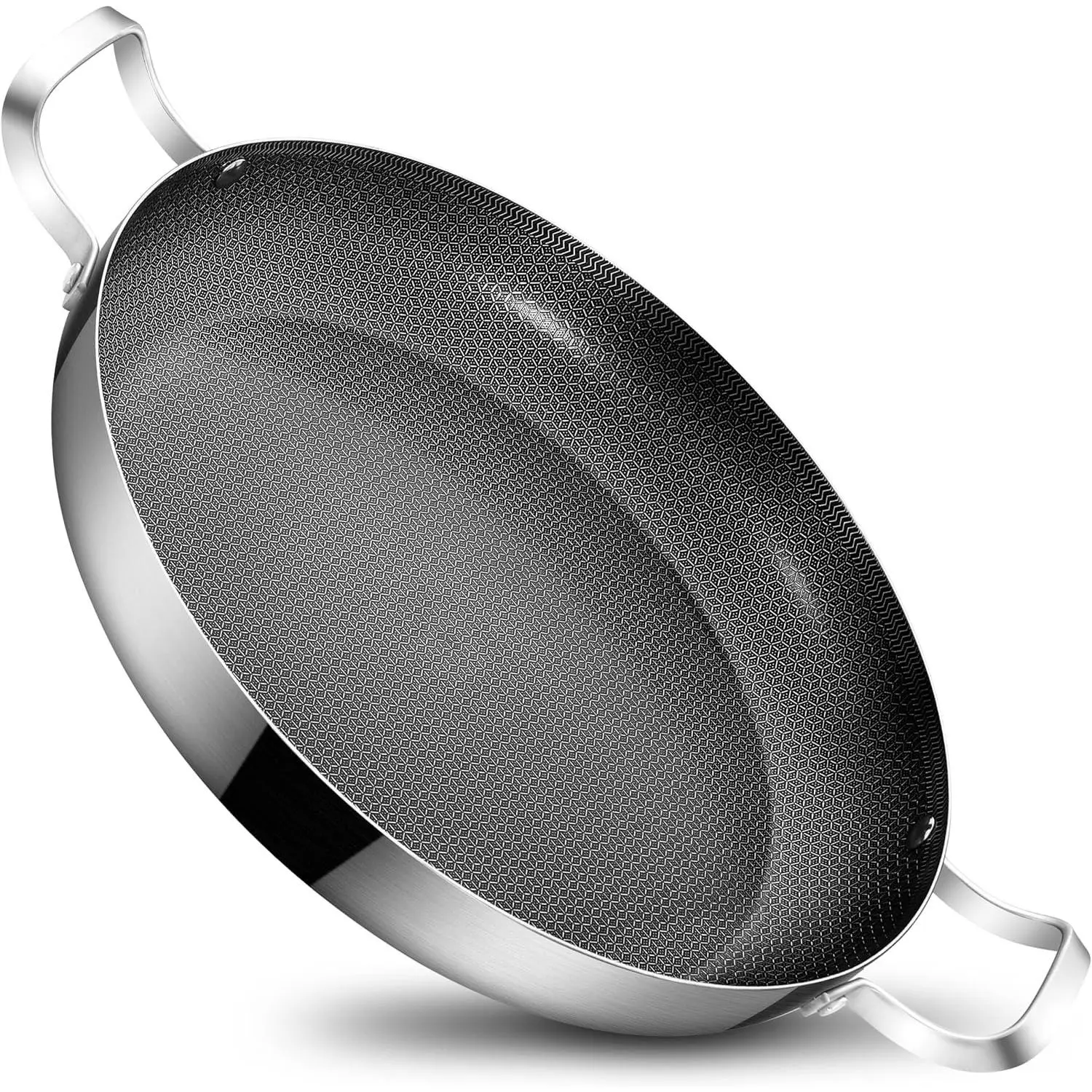 13 Inch Stainless Steel Paella Pan, Nonstick Ceramic Coating | Large Skillet Induction Compatible | For Spanish Rice, Seafood Paella, Authentic Paella, Socarrat | Oven Safe | 4-6 Servings