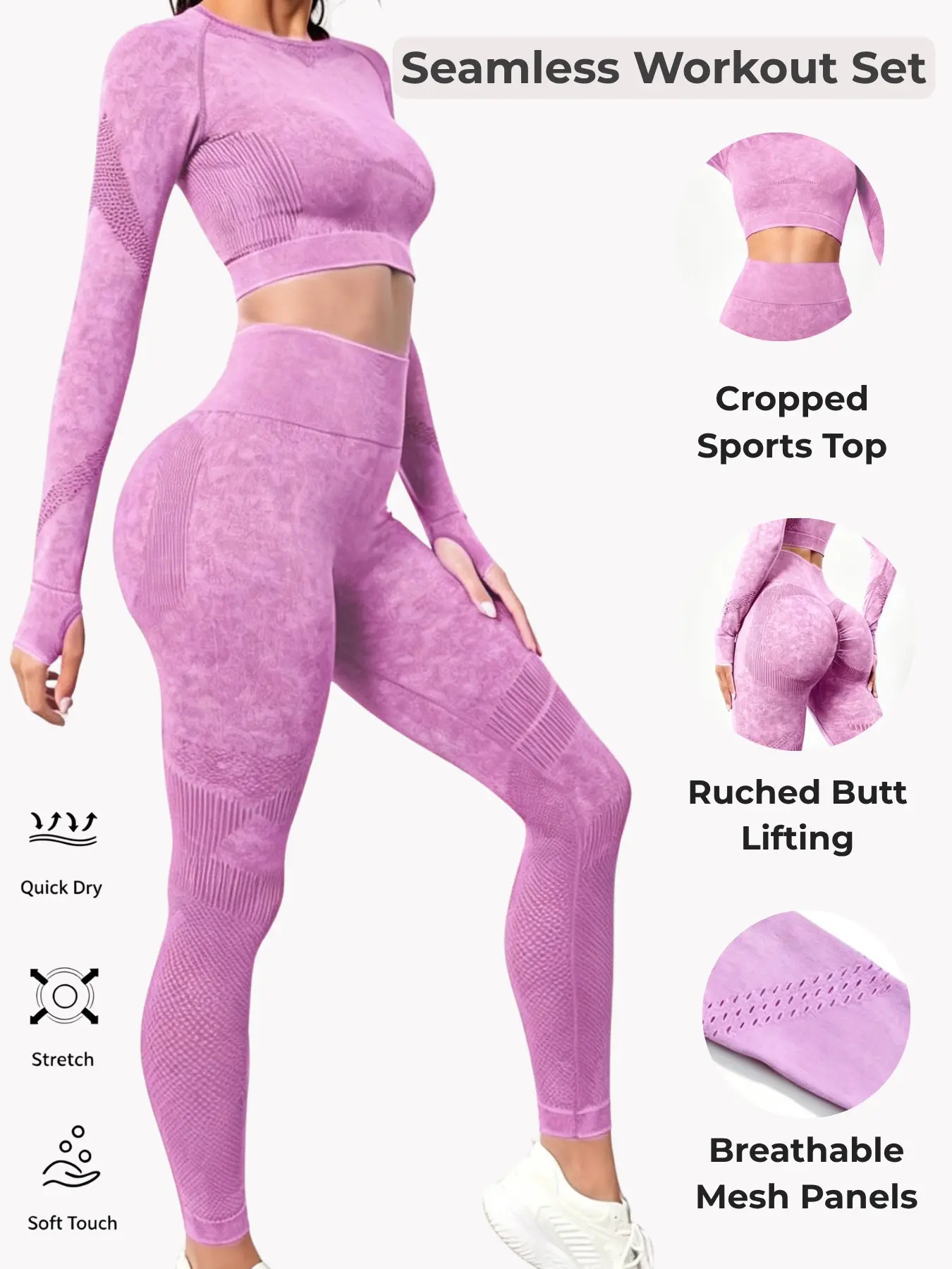 Seamless Long Sleeve Crop Top For Women High Waist Butt Lifting Yoga Pants Set, High Stretch Cutout Breathable Quick Dry Workout Outfit, Soft Washable Slim Fit Tight Activewear Suit For Pilates Running Gym Daily Casual Wear