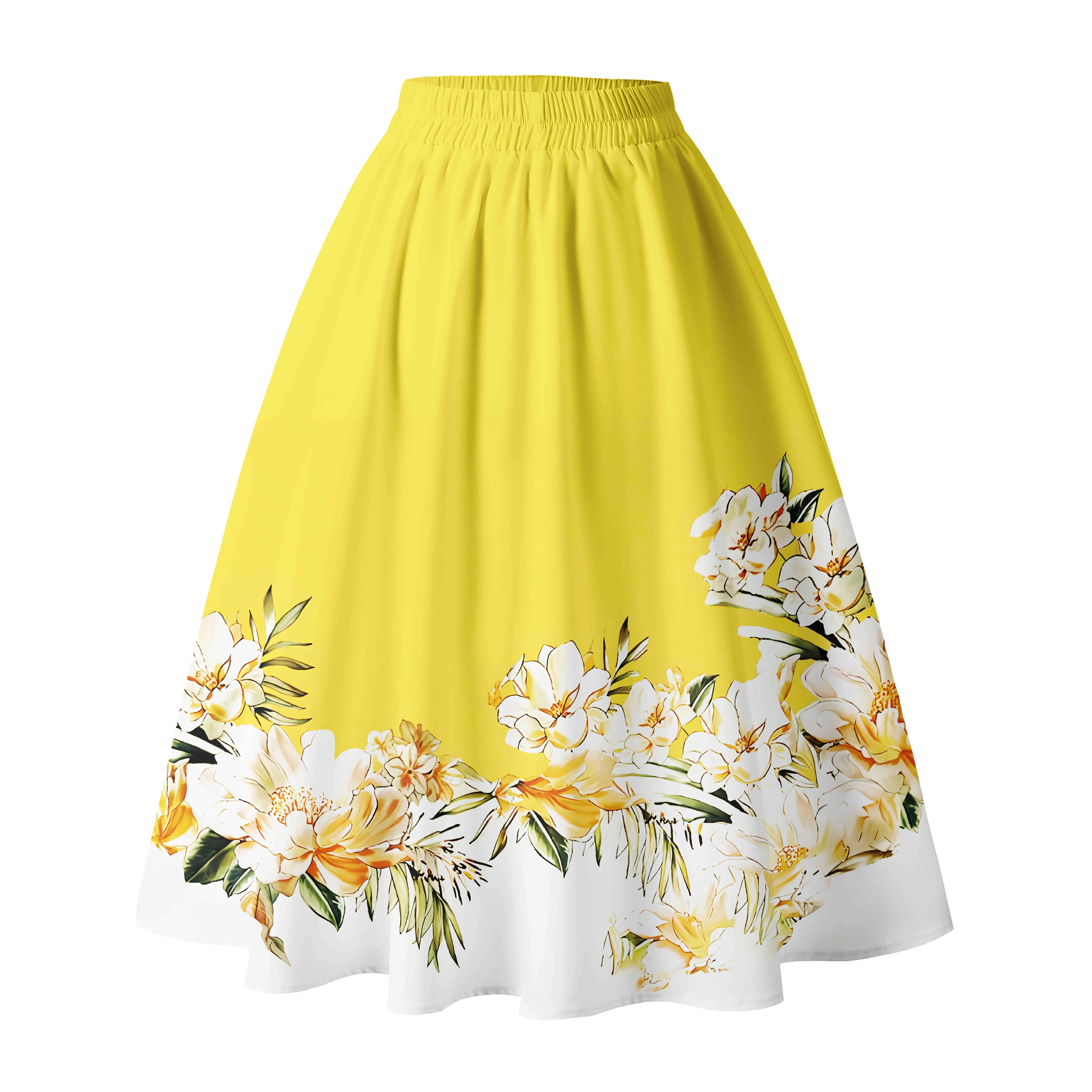 Women's Yellow Floral All-Over Print A-Line Flared Skirt - Elastic Waist, Spring/Summer, Casual Vacation, Machine Washable Clothes, Women's Bottoms, Drawing Accent, Fit & Flare, Woven, Fabric