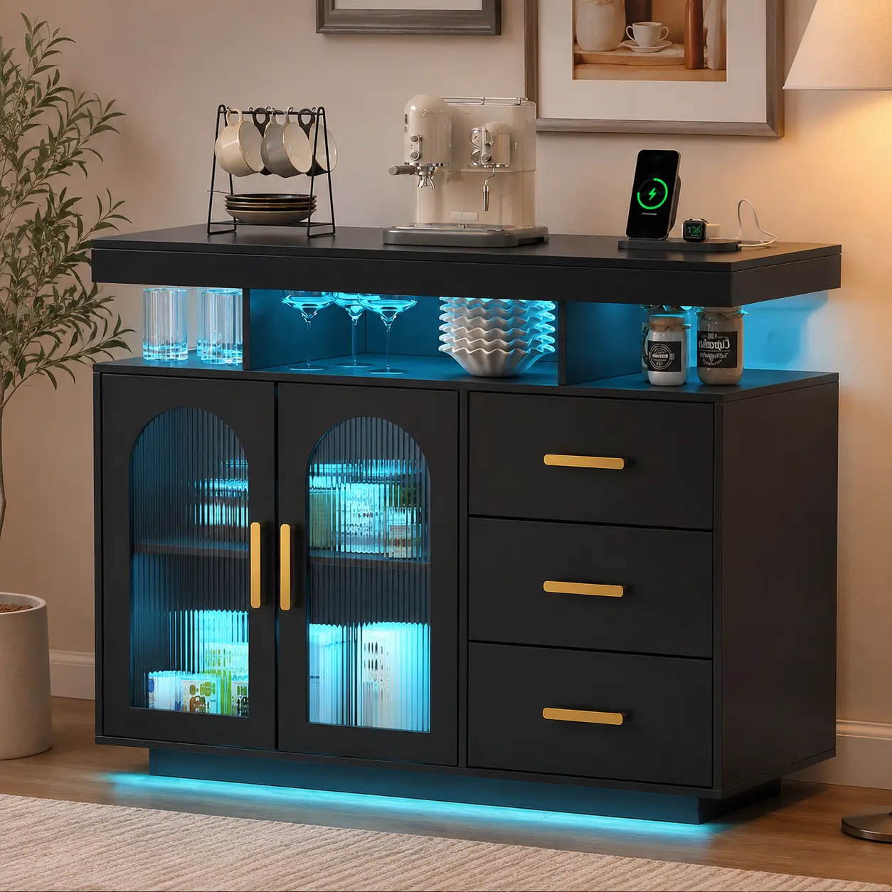 LED sideboard with charging ports, kitchen storage cabinet with automatic RGB ambient lighting, high-gloss three-drawer coffee bar cabinet suitable for living rooms, dining rooms and kitchens