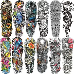 Trending Halloween Full Arm Temporary Tattoo Set, 12 Sheets 19"x7" Color Demon Fake Sleeve Tattoos, Skin-Safe Waterproof Body Stickers for Adults Teens, Edgy Spooky Accessory for Halloween Cosplay Party Festival Street Styling